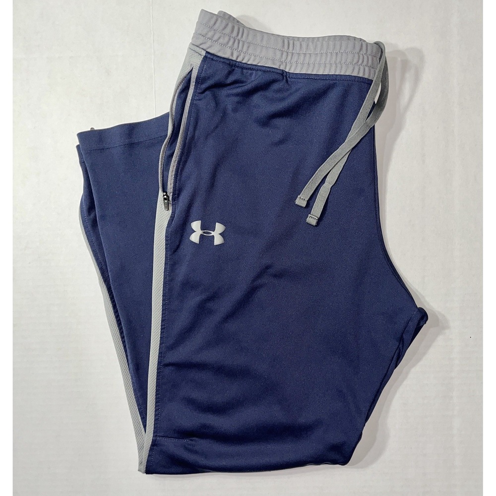 Under Armour Track Pants Men's XL Blue Gray Loose Fit Ankle Zip Gym Athletic